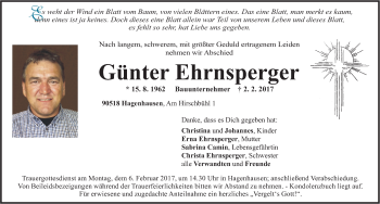 Traueranzeige von Günter Ehrnsperger von Pegnitz-Zeitung