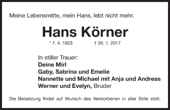 Traueranzeige von Hans Körner von Pegnitz-Zeitung