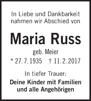 Traueranzeige von Maria Russ von Der Bote