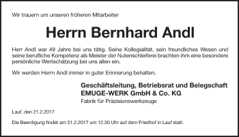 Traueranzeige von Bernhard Andl von Pegnitz-Zeitung