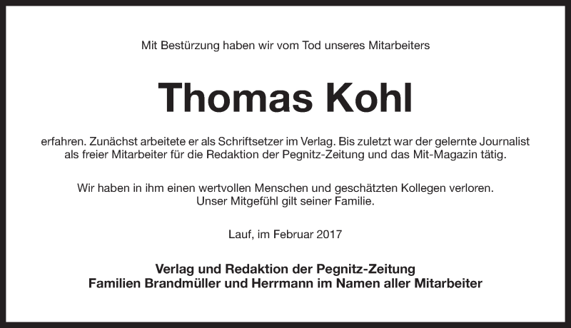  Traueranzeige für Thomas Kohl vom 18.02.2017 aus Pegnitz-Zeitung