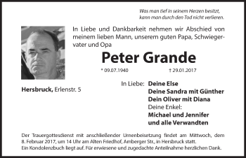 Traueranzeige von Peter Grande von Hersbrucker Zeitung