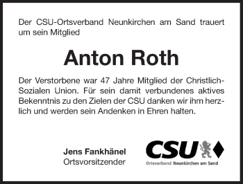 Traueranzeige von Anton Roth von Pegnitz-Zeitung