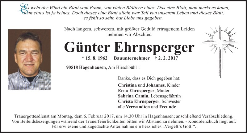  Traueranzeige für Günter Ehrnsperger vom 04.02.2017 aus Pegnitz-Zeitung