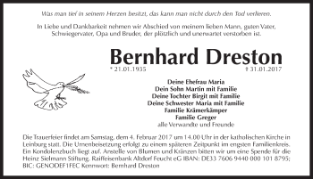 Traueranzeige von Bernhard Dreston von Pegnitz-Zeitung