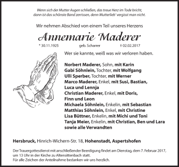 Traueranzeige von Annemarie Maderer von Hersbrucker Zeitung
