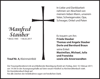Traueranzeige von Manfred Stauber von Hersbrucker Zeitung