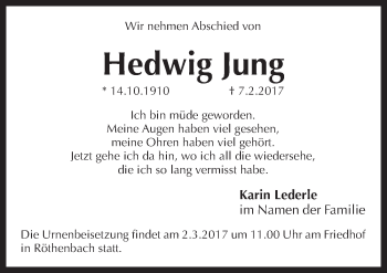 Traueranzeige von Hedwig Jung von Pegnitz-Zeitung