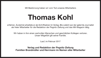 Traueranzeige von Thomas Kohl von Pegnitz-Zeitung