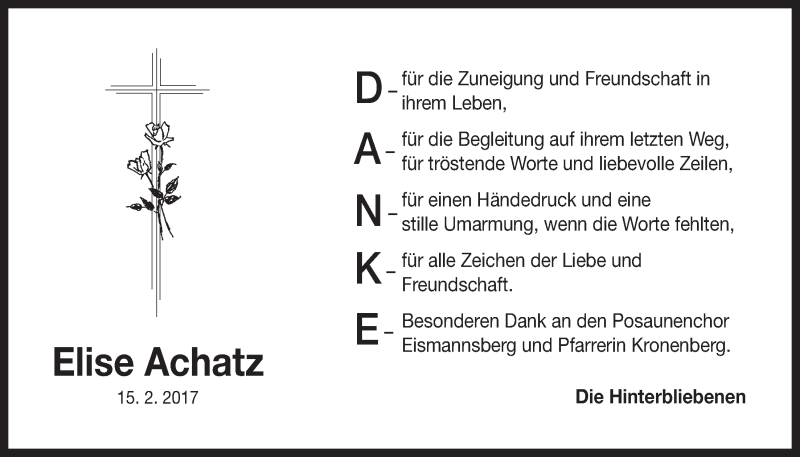  Traueranzeige für Elise Achatz vom 25.02.2017 aus Der Bote