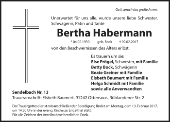 Traueranzeige von Bertha Habermann von Hersbrucker Zeitung