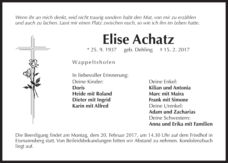  Traueranzeige für Elise Achatz vom 18.02.2017 aus Der Bote