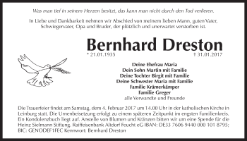 Traueranzeige von Bernhard Dreston von Der Bote