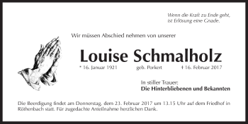 Traueranzeige von Louise Schmalholz von Pegnitz-Zeitung