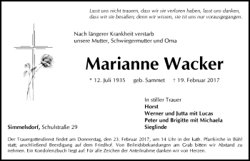 Traueranzeige von Marianne Wacker von Pegnitz-Zeitung