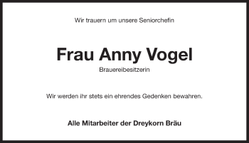 Traueranzeige von Anny Vogel von Pegnitz-Zeitung