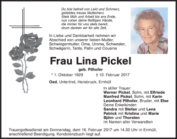 Traueranzeige von Lina Pickel von Hersbrucker Zeitung