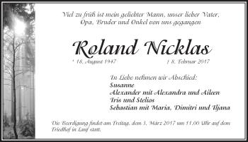 Traueranzeige von Roland Nicklas von Pegnitz-Zeitung