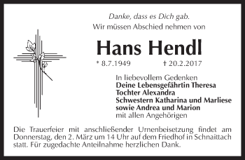 Traueranzeige von Hans Hendl von Pegnitz-Zeitung