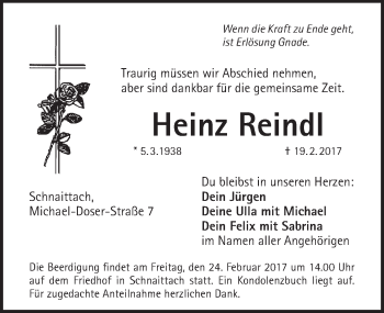 Traueranzeige von Heinz Reindl von Pegnitz-Zeitung