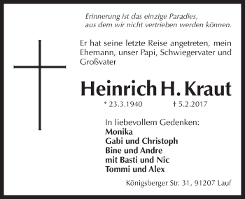 Traueranzeige von Heinrich H. Kraut von Pegnitz-Zeitung
