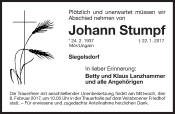 Traueranzeige von Johann Stumpf von Pegnitz-Zeitung