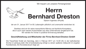 Traueranzeige von Bernhard Dreston von Pegnitz-Zeitung