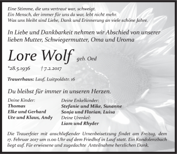 Traueranzeige von Lore Wolf von Pegnitz-Zeitung
