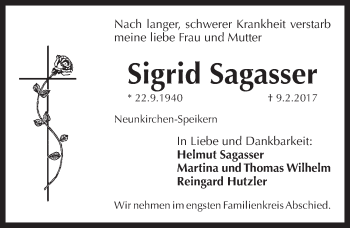 Traueranzeige von Sigrid Sagasser von Pegnitz-Zeitung