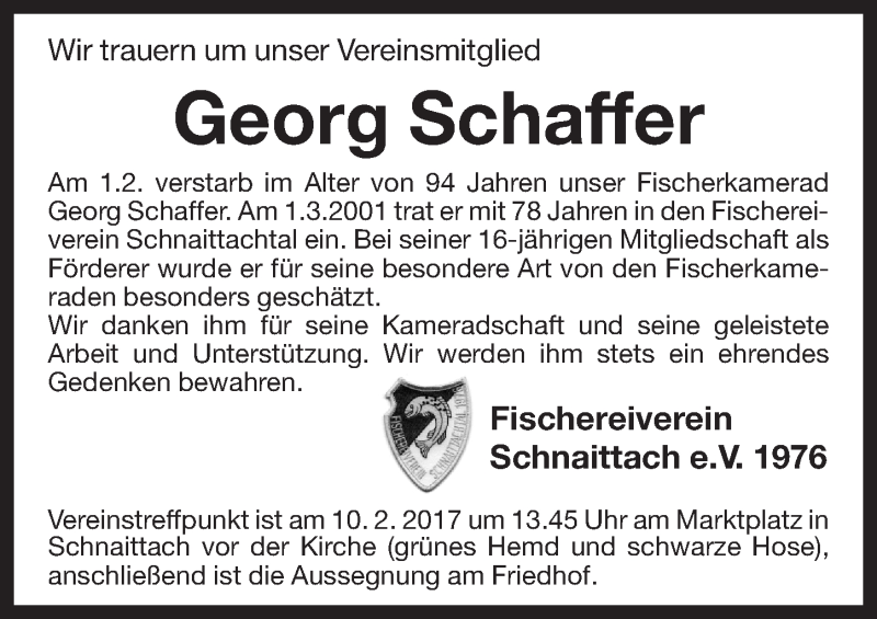  Traueranzeige für Georg Schaffer vom 09.02.2017 aus Pegnitz-Zeitung