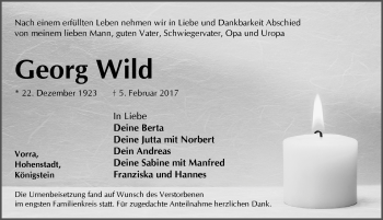 Traueranzeige von Georg Wild von Hersbrucker Zeitung