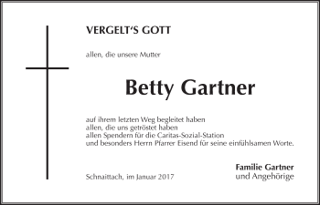 Traueranzeige von Betty Gartner von Pegnitz-Zeitung