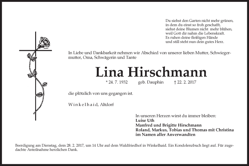  Traueranzeige für Lina Hirschmann vom 25.02.2017 aus Der Bote