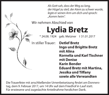 Traueranzeige von Lydia Bretz von Hersbrucker Zeitung