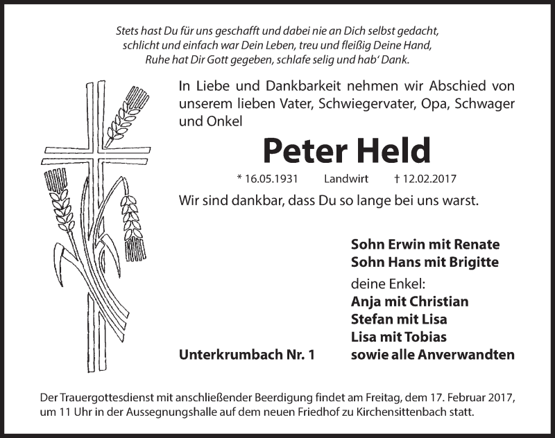  Traueranzeige für Peter Held vom 15.02.2017 aus Hersbrucker Zeitung