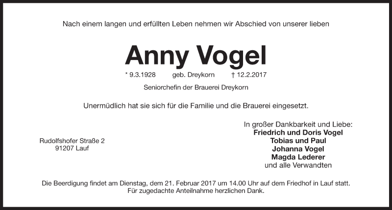  Traueranzeige für Anny Vogel vom 18.02.2017 aus Pegnitz-Zeitung