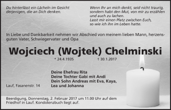 Traueranzeige von Wojciech Chelminski von Pegnitz-Zeitung