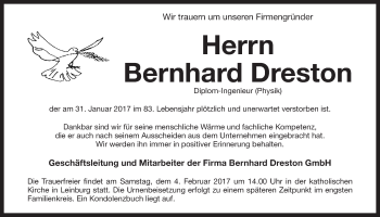Traueranzeige von Bernhard Dreston von Der Bote