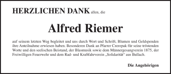 Traueranzeige von Alfred Riemer von Pegnitz-Zeitung