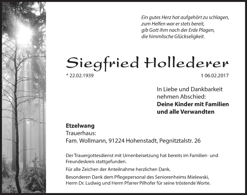  Traueranzeige für Siegfried Hollederer vom 25.02.2017 aus Hersbrucker Zeitung