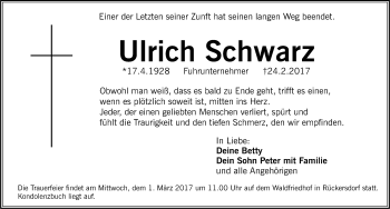 Traueranzeige von Ulrich Schwarz von Pegnitz-Zeitung