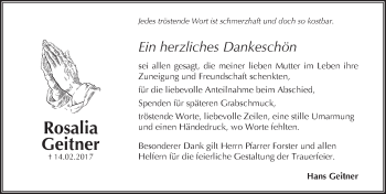 Traueranzeige von Rosalia Geitner von Hersbrucker Zeitung
