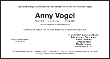 Traueranzeige von Anny Vogel von Pegnitz-Zeitung