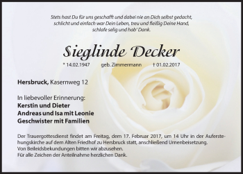 Traueranzeige von Sieglinde Decker von Hersbrucker Zeitung
