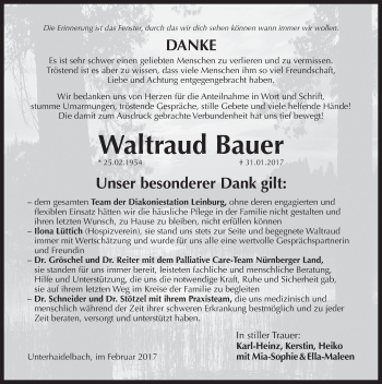 Traueranzeige von Waltraud Bauer von Pegnitz-Zeitung