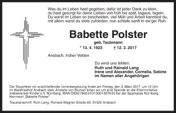 Traueranzeige von Babette Polster von Hersbrucker Zeitung