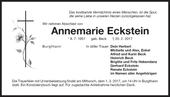 Traueranzeige von Annemarie Eckstein von Der Bote
