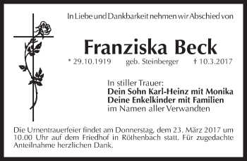 Traueranzeige von Franziska Beck von Pegnitz-Zeitung