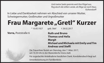 Traueranzeige von Margarete Kurzer von Hersbrucker Zeitung