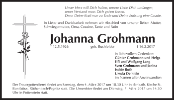 Traueranzeige von Johanna Grohmann von N-Land